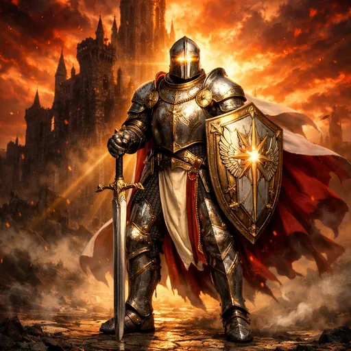 Prompt: A full-body realistic holy knight standing heroically before a towering ancient castle at a burning sunset. The knight holds a gleaming longsword planted firmly into the ground and a radiant, ornate shield emblazoned with sacred symbols. His armor is pristine yet battle-worn holy plate armor, crafted from bright steel and gold accents, engraved with divine runes and gothic filigree, subtly glowing with holy light. A flowing white and crimson cloak billows behind him in the fiery wind. His helmet fully conceals his face, but a warm golden light shines through the visor.

Behind him, the massive castle rises in ruin, its towers silhouetted against a blazing red-orange sky filled with smoke, embers, and dramatic clouds. Sunlight breaks through the haze, casting god-rays and illuminating the knight in a heroic halo. The ground is cracked stone and ash, mist swirling around his armored boots. Cinematic lighting, dramatic composition, ultra-realistic textures, high contrast, epic scale, dark fantasy realism, heroic and noble atmosphere, masterpiece, 4k quality.