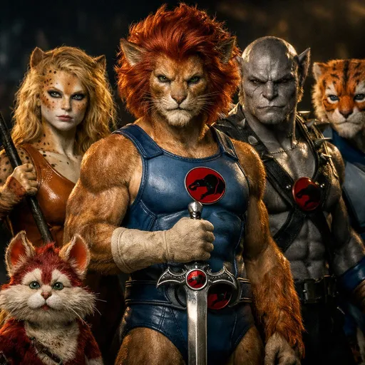 Prompt: ThunderCats reimagined as realistic, live-action characters while staying faithful to the original 1980s cartoon designs. Lion-O, Cheetara, Panthro, Tygra, and Snarf depicted with anatomically realistic humanoid feline features, detailed fur textures, expressive realistic faces, and natural muscle definition. High-end cinematic character design with realistic materials, detailed costumes true to the original outfits, believable proportions, and grounded physical presence. Dramatic cinematic lighting, shallow depth of field, ultra-high detail, photorealistic fantasy realism, 8k quality, epic heroic composition, modern movie concept art style.
Style Tuning (if available in OpenArt)

Style / realism: High

Prompt guidance: Strong

Reference strength: Medium–High (if using a ThunderCats reference image)

Lighting: Cinematic / dramatic

Camera: 85mm lens, shallow depth of field (optional but helps realism)
Dark fantasy realism similar to a modern Hollywood reboot