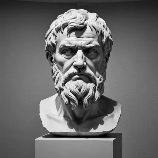 Prompt: A black and white image of s stoic philosopher's sculpture, resembling seneca, standing solemnly in the center of the frame. The background is a simple, textured wall that accentuates the intricate details of the sculpture's facial expression, conveying a sense of deep contemplation. hyper realistic 
