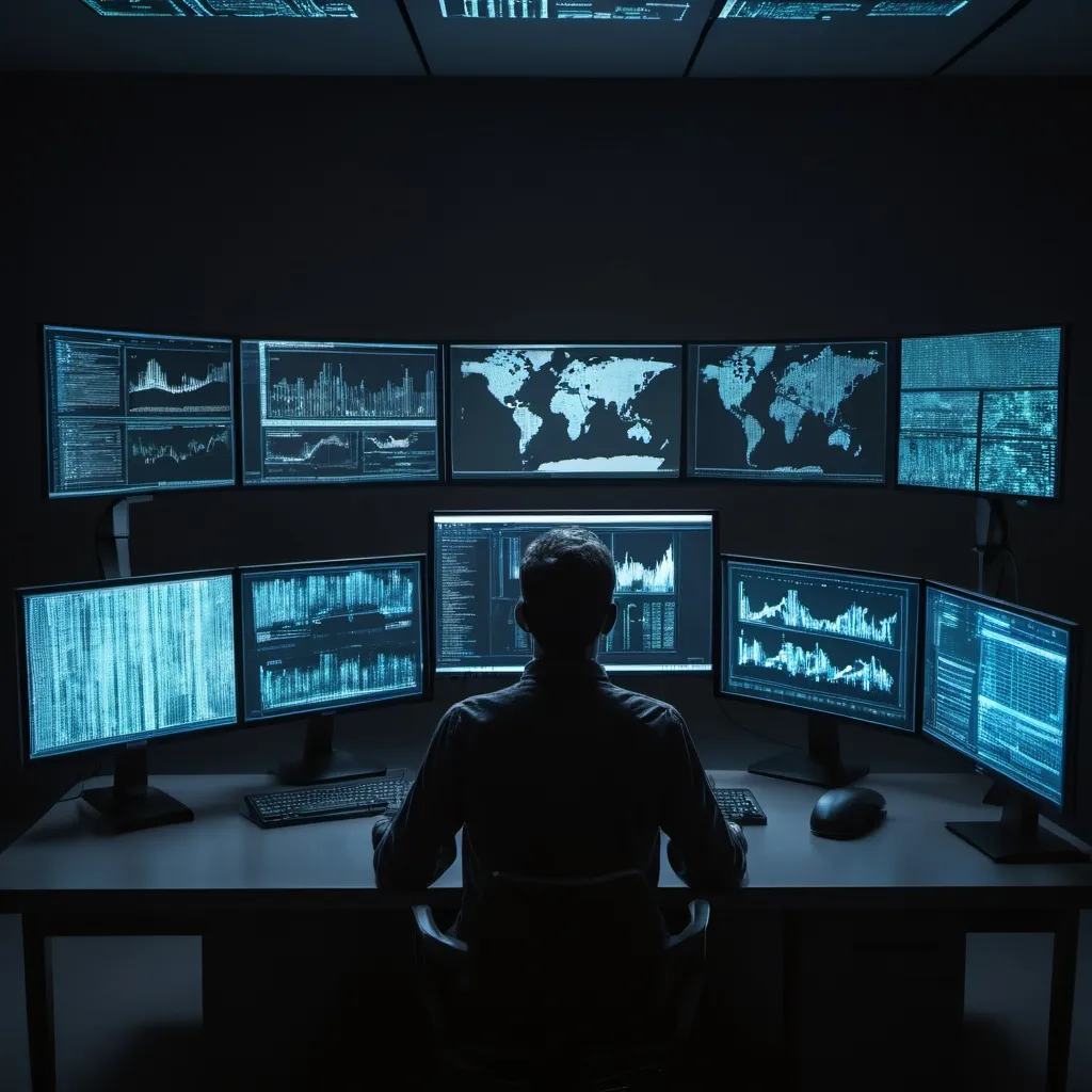 Prompt: a man sitting in front of a computer monitor covered in data on a desk in a dark room with multiple monitors, Andries Stock, les automatistes, cybernetics, computer graphics