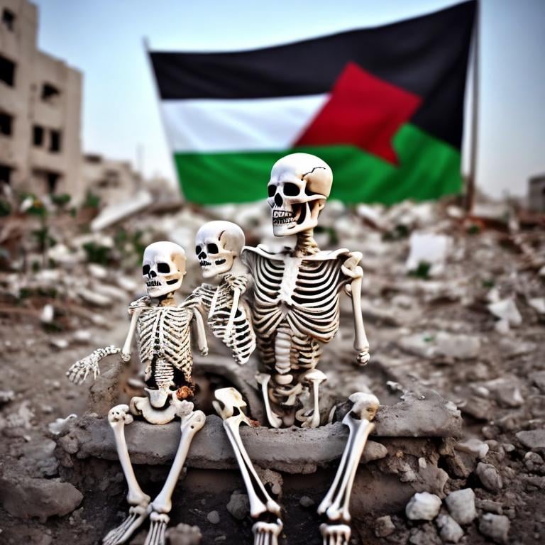 Prompt: skeleton of mother holding her baby skeleton and their bones leave and flowers grow on them and background rubble of war zone and Palestine flag behind them 