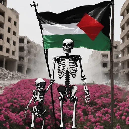 Prompt: A powerful and poignant image is depicted: a skeleton of a mother is holding her baby skeleton. However, instead of bones, flowers begin to grow and bloom from their skeletal forms. The flowers are a symbol of hope and new life, even in the midst of destruction.

In the background, there is rubble from a war zone. The scene is reminiscent of the devastation and destruction that occurs in areas of conflict, such as Palestine. Despite the chaos and destruction, the mother and child skeletons transformed into flowers represent the resilience of life and the hope for a better future.

Behind the scene, a Palestinian flag is prominently displayed, representing the artist's support and solidarity with the Palestinian cause. The flag serves as a reminder that the conflict in Palestine is an ongoing issue that affects real people and their lives.