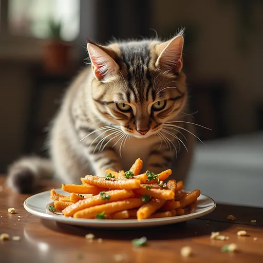Prompt: A cat cooking food at home
