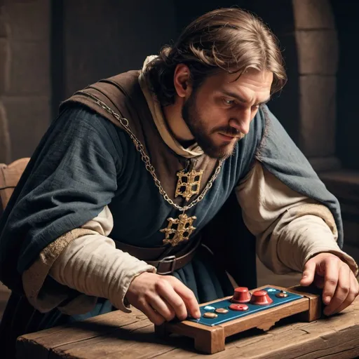 Prompt: medieval man playing console game with artefact accent