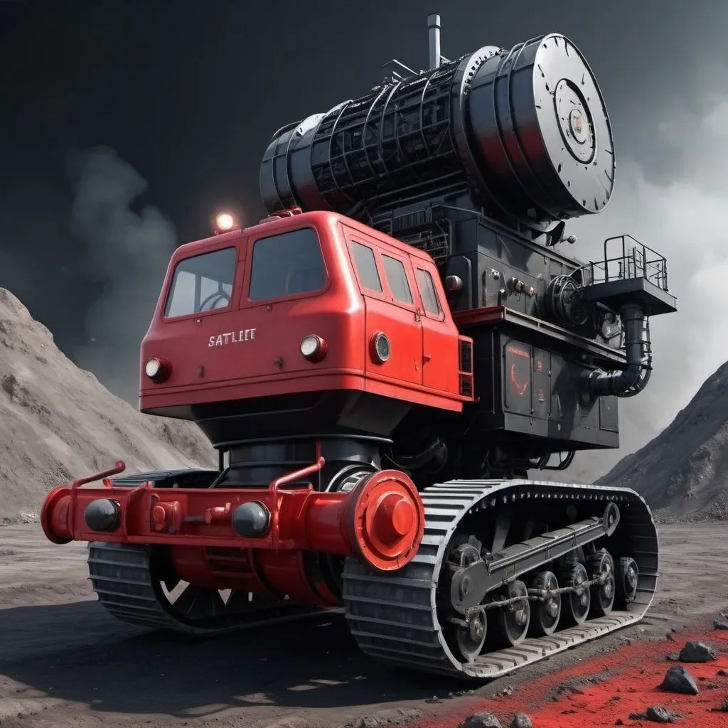 Prompt: hyper realistic; sattelite wide view, black soviet miner machine with tracked treads wheel with shovel entering soviet ore refinery on a metal plate ground based on red alert 2 game; modern sci fi; steampunk; detailed object