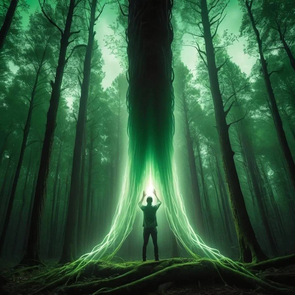 Prompt: below view of man touching glowing soft green light pillar reaching the sky in the green enchanted dark woods; roots