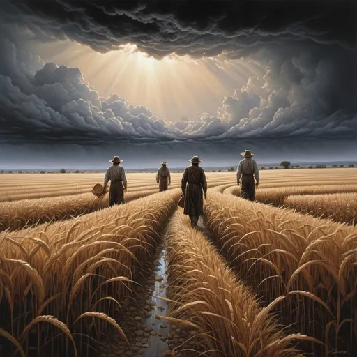 Prompt: tall grain in the style of Dalhart Windberg, Jean Baptiste, and Steve Hanks create a highly detailed and photorealistic painting of an otherworldly painting in of photorealistic realism of groups of dark sky and a very wide and very tall grain field with only two medieval worker in the front, create a surreal dreamscape that captivates the senses. These colossal formations, each with its own unique contours and character, cluster together in a harmonious dance of shapes and sizes, forming a mesmerizing tapestry against the backdrop of an endless field. As if drawn by an unseen hand, the wind breezes smoothly. The air is alive with the soothing melody of rushing water and the gentle rustle of leaves, a symphony that echoes through the expanse, imbuing it with a sense of serene tranquility. Enveloping the floating marvels is a perpetual mist, its ethereal embrace adding an aura of mystery to the scene, obscuring distant vistas in a tantalizing haze.
