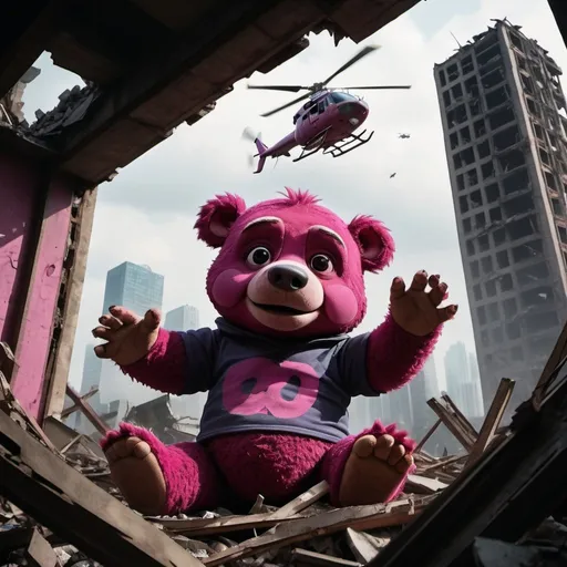 Prompt: below view; lotso as evil giant peeping from destroyed city building; hands crushing helicopter; dark tone