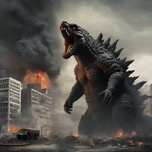 Prompt: realistic image; destroyed city godzilla nuclear breath