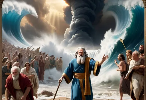 Prompt: Shot from the front, wide view, Realistic image of moses lifting his hand parting the sea while cloud smoke pillar on ground behind him, many ancient people carrying luggage walks behind him, soaring wave, stormy sea, strong wind, ragged cloak