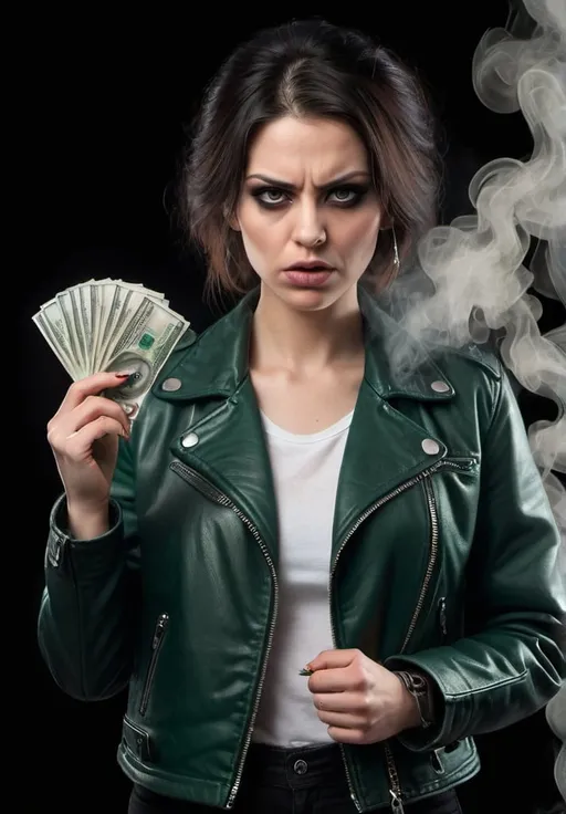 Prompt: realistic image of woman evil expression wearing dark green leather jacket holding money case surrounded with black smoke; white background