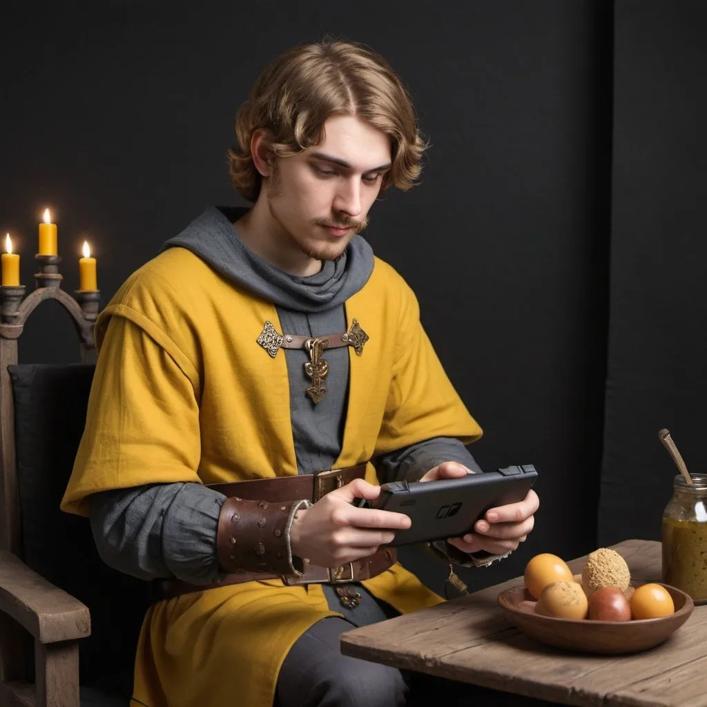 Prompt: medieval young man playing Nintendo switch with artefact accent mustard clothes