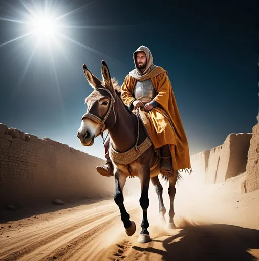 Prompt: wide view of man wearing medieval robe riding donkey covering face while bright ray attack his sad face; falling donkey; dark night dessert; detailed environment; detailed horse skin; detailed cloth;