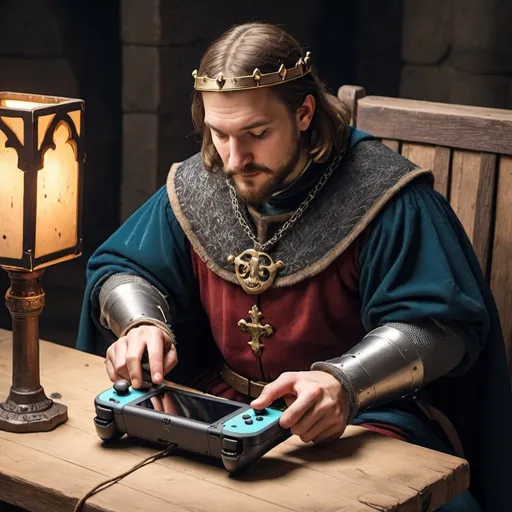 Prompt: medieval man playing Nintendo switch with artefact accent