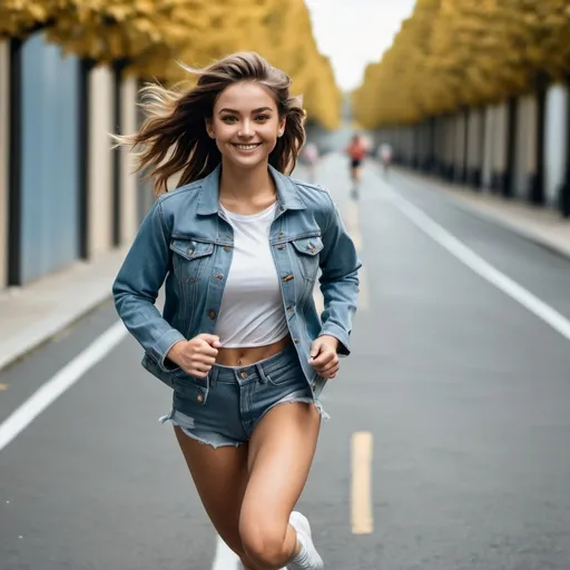Prompt: wide view shot from front woman wearing denim jacket and white t shirt running smiling
