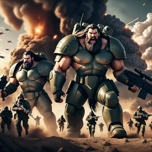 Prompt: wide zoomed view from below; realistic image of mega sized two giants(count: 2) long hair standing side by side surrounded by small armed soldiers running; war apocalypse in the background; dark tone; gradient sky