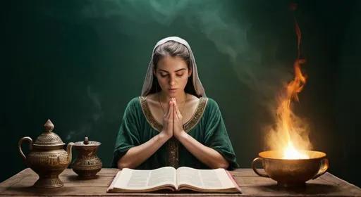 Prompt: ultra wide view woman praying on desk; subject on left side; ancient medieval outfit; mesopotamian room; flame cup on the table; dark green tone background; low light; fog