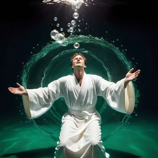 Prompt: wide deep sea view of man sink in dark green water; dynamic laying position; wearing white medieval robe; splashing water background; water bubbles; single light source