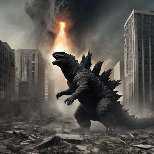 Prompt: realistic image; destroyed city godzilla nuclear breath
