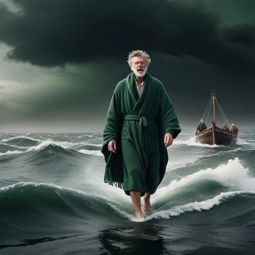 Prompt: wide view of ultra realistic image of peter walking on the water wearing scarf and robe; windy atmosphere; strong wind; wooden boat full with people screaming in the background; dark green tone