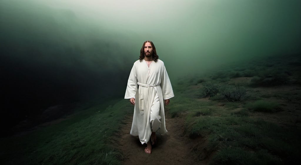 Prompt: ultra wide view jesus walking in the wilderness; white robe; dark green tone background; low light; black fog