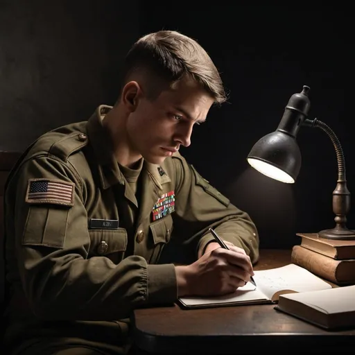 Prompt: hyper realistic image; soldier thinking while writing brown diary; dark room