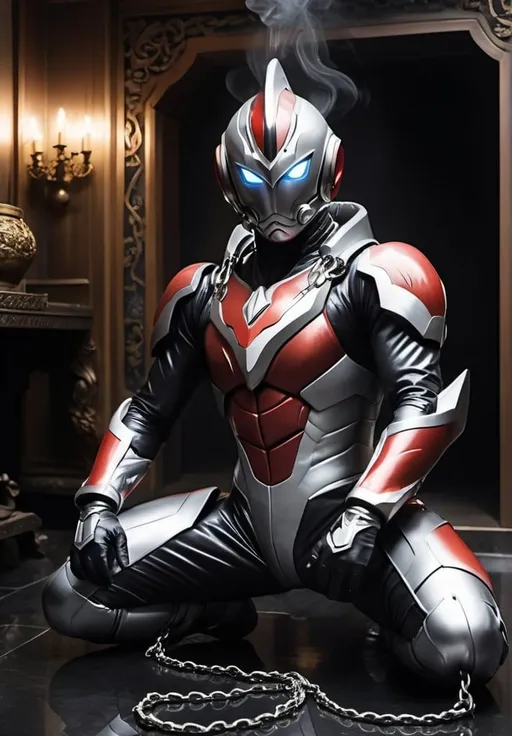 Prompt: realistic image of man wearing ultraman suit chained in a treasure room surrounded with black smoke; crying
