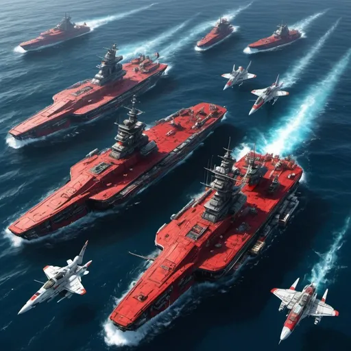 Prompt: deepsea view; hyper realistic; wide longshot view from above, naval war based on red alert 2 game; modern sci fi; four ships; two aircraft; shogun gundam; detailed object; exploded; ocean