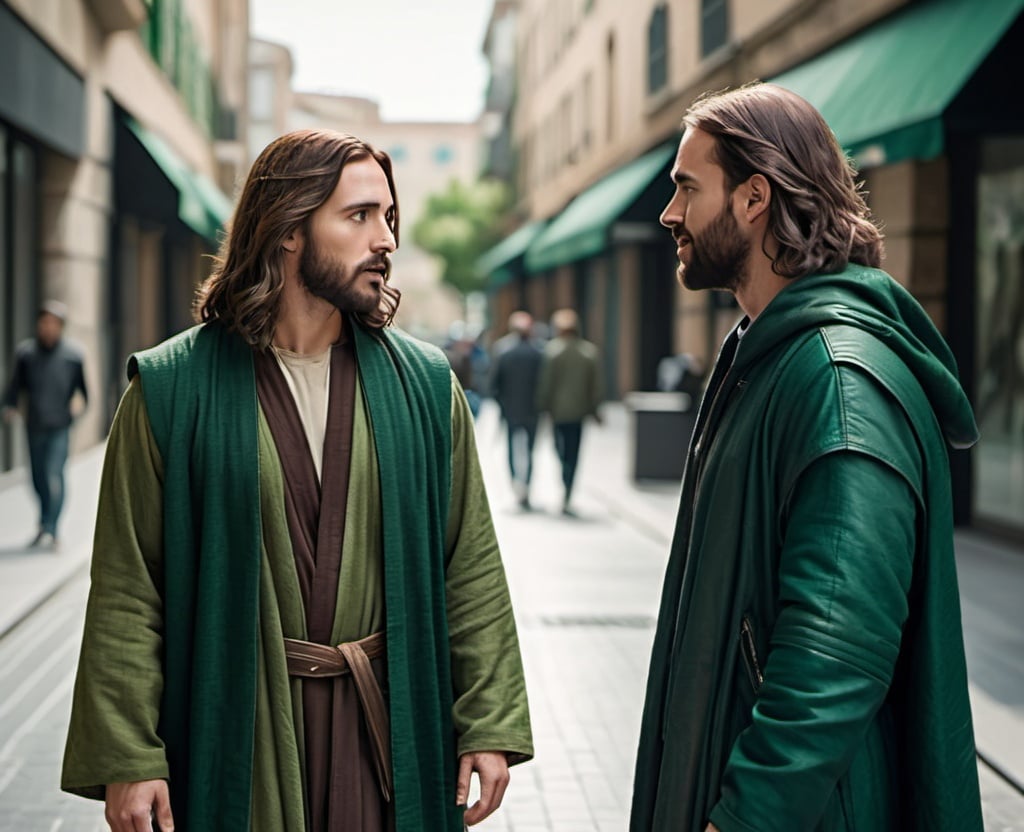 Prompt: jesus wearing ancient medieval robe talking with man wearing modern dark green leather jacket while walking on the street; dark green tone modern city