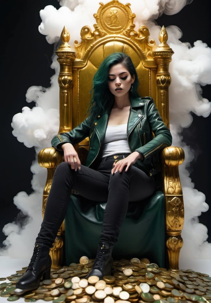 Prompt: side view; realistic image of woman evil expression wearing dark green leather jacket sitting on the throne of gold coins surrounded with black smoke; white background