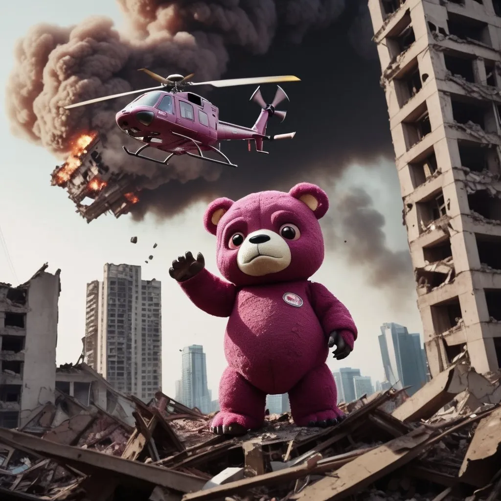 Prompt: below view; lotso as old big sized giant peeping from destroyed city building; hands crushing helicopter; small explosion dark tone