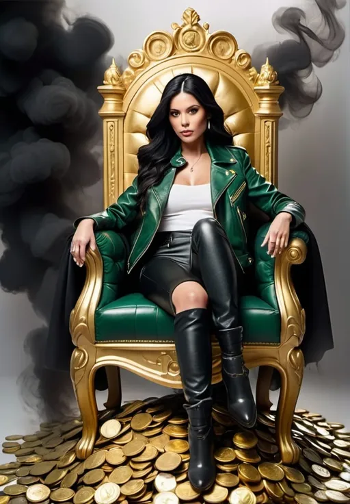 Prompt: white background; realistic image of woman long black hair wearing dark green leather jacket sitting on the throne of gold coins surrounded with black smoke; crossing feet