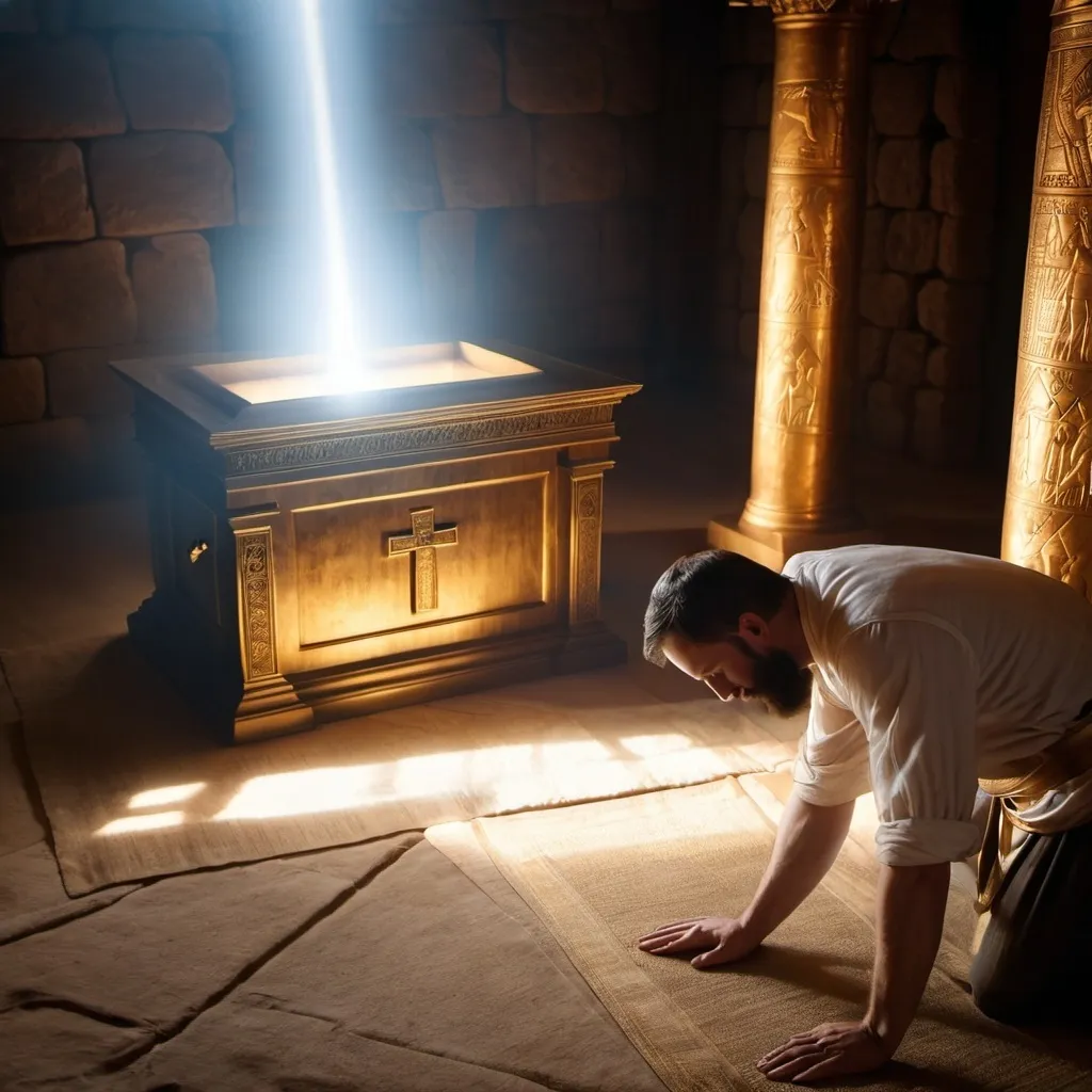 Prompt: shot from behind, realistic image of ancient man kneel down in front ark of covenant, inside the house with ground floor, ancient medieval clothes, light from front