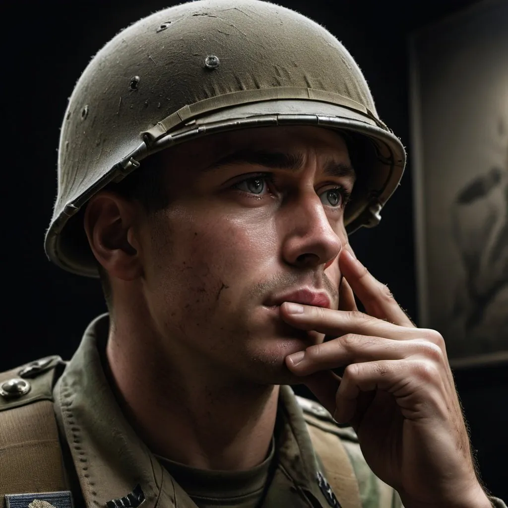 hyper realistic image; soldier thinking right hand i...