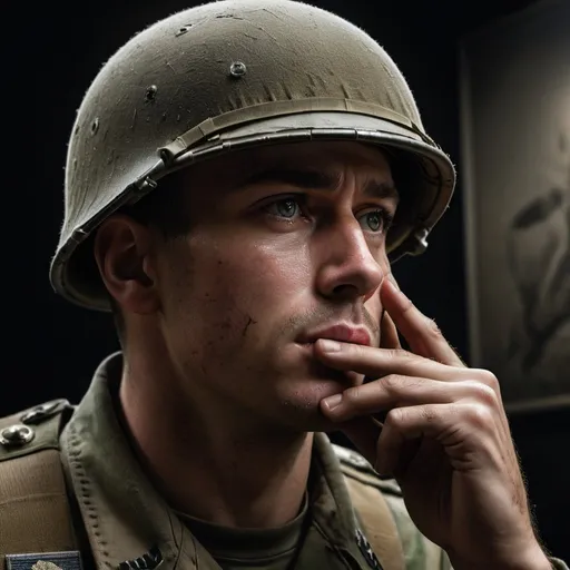 Prompt: hyper realistic image; soldier thinking right hand in chin; dark room
