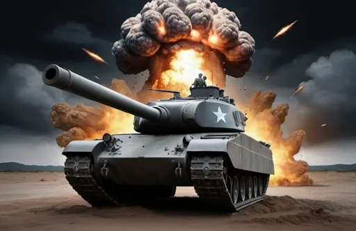 Prompt: hyper realistic image; tank and explosion inside man's mind; dark sky background