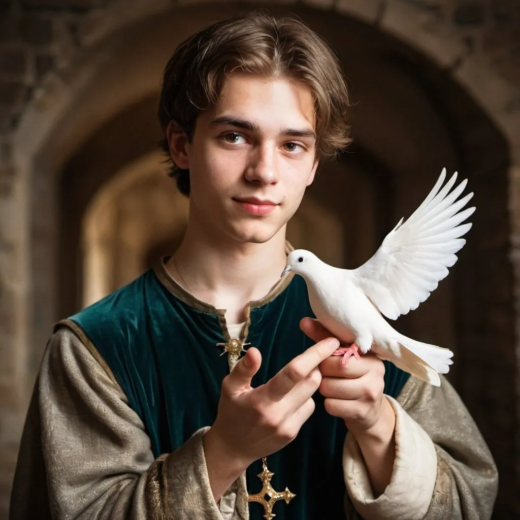 Prompt: Medieval young man holding shining dove on his finger
