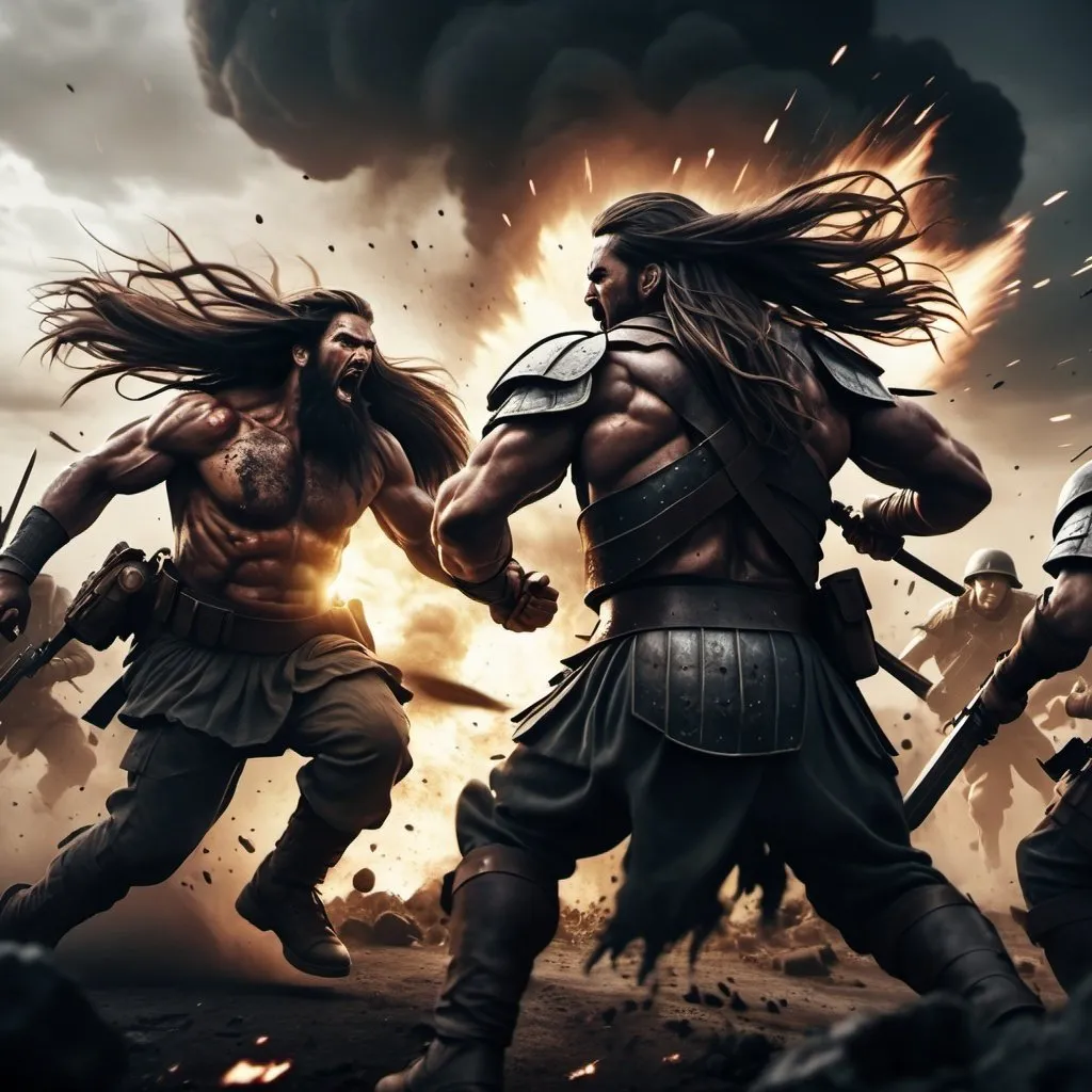 Prompt: realistic image of epic battle apocalypse with mega sized two giants long hair hitting each other; armed soldiers running in the background; dark tone