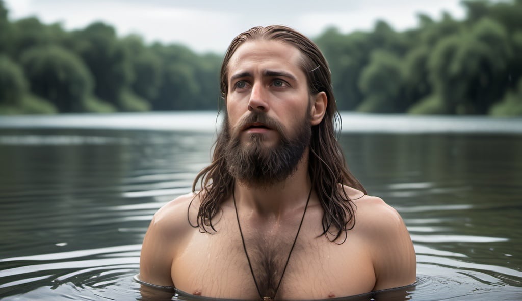 Prompt: hyper realistic image of john the baptize long hair and beard half body inside the lake; preaching from the middle of a lake; crowd of people watching on the side of lake; wet ancient middle east clothes; fireflies