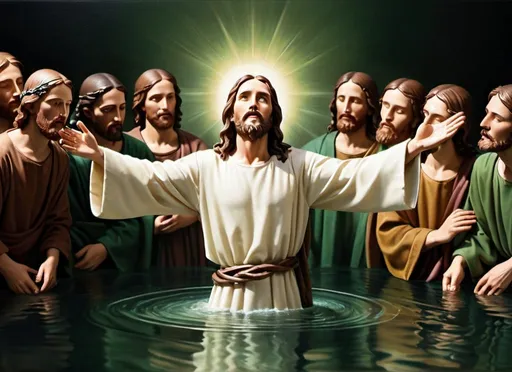 Prompt: realistic image of jesus acended and floating in front of his disciples dark green accent