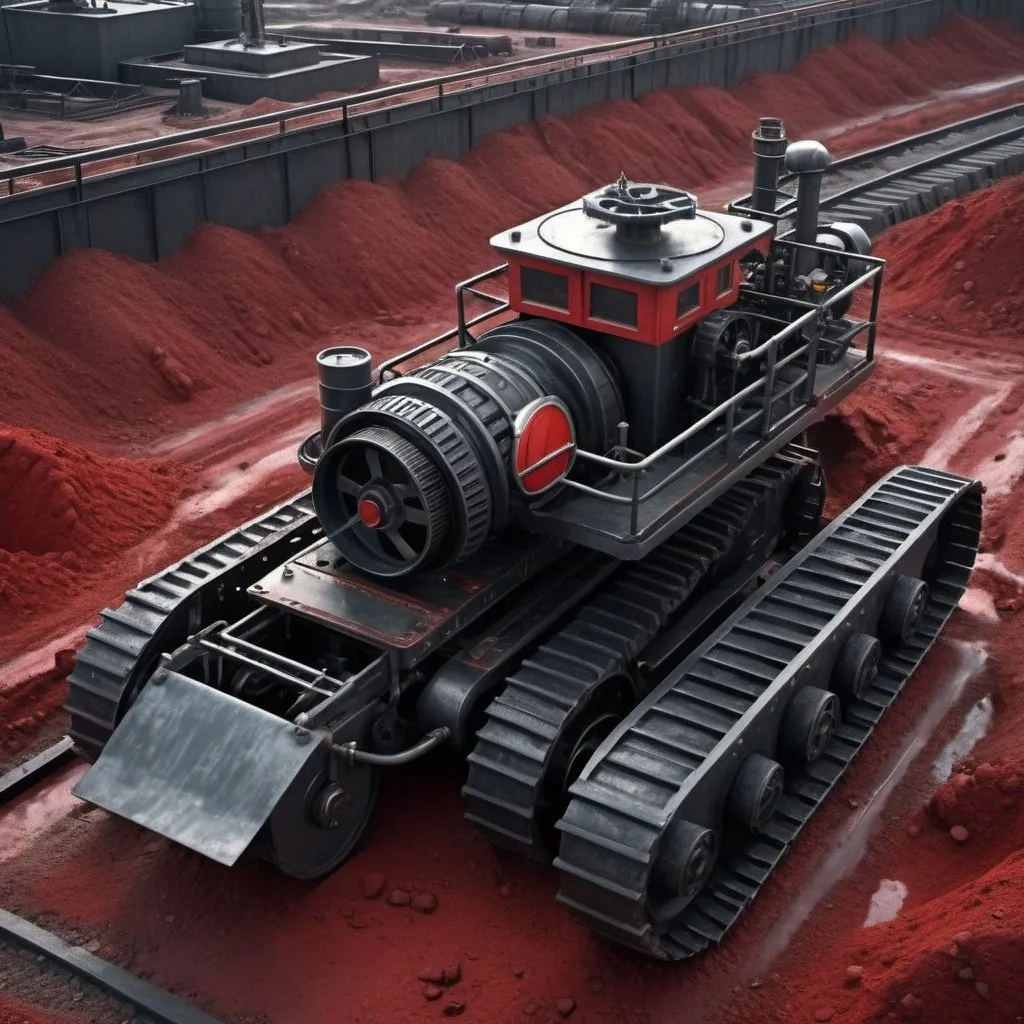 Prompt: hyper realistic; wide view from above, black soviet miner machine with tracked treads wheel with shovel entering soviet ore refinery on a metal plate ground based on red alert 2 game; modern sci fi; steampunk; detailed object