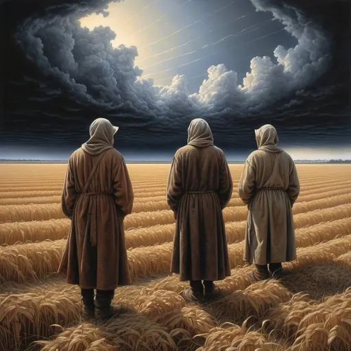 Prompt: in the style of Dalhart Windberg, Jean Baptiste, and Steve Hanks create a highly detailed and photorealistic painting of an otherworldly painting in of photorealistic realism of groups of dark sky and a very wide and very tall grain field with only two medieval worker in the front, create a surreal dreamscape that captivates the senses. These colossal formations, each with its own unique contours and character, cluster together in a harmonious dance of shapes and sizes, forming a mesmerizing tapestry against the backdrop of an endless field. As if drawn by an unseen hand, the wind breezes smoothly. The air is alive with the soothing melody of rushing water and the gentle rustle of leaves, a symphony that echoes through the expanse, imbuing it with a sense of serene tranquility. Enveloping the floating marvels is a perpetual mist, its ethereal embrace adding an aura of mystery to the scene, obscuring distant vistas in a tantalizing haze.