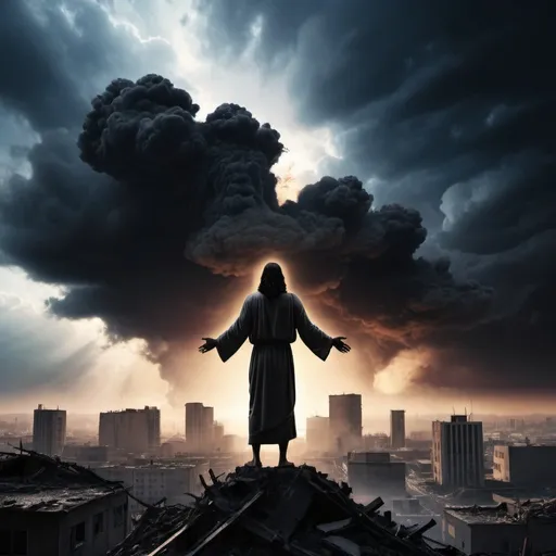 Prompt: hyper realistic image jesus christ silhouette floating on the sky above apocalypse devastated modern world and modern war; cable; neon; destroyed building; smoke; light departing black clouds in the background