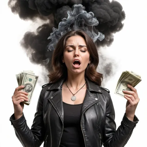 Prompt: realistic image of woman wearing leather jacket worshipping coin money statue with black smoke; white background