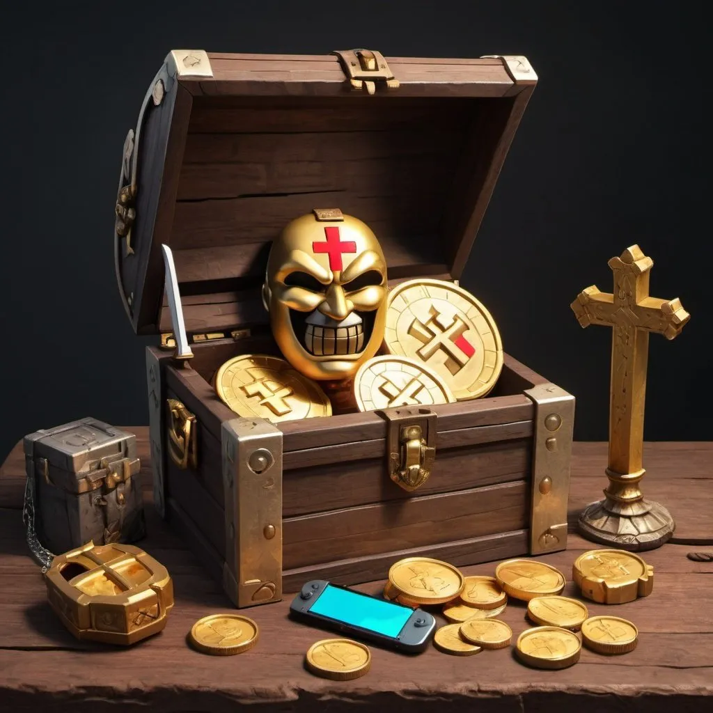 Prompt: Opened gold chest and nintendo switch and angry mask beneath wooden cross;  golden coins; swords; 
