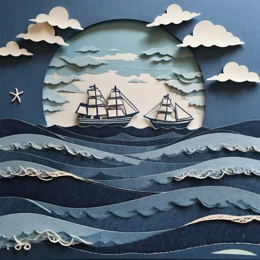 Prompt: papercut sea with ship rough denim color and texture