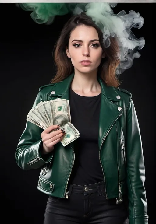 Prompt: realistic image of woman wearing dark green leather jacket holding money case surrounded with black smoke; white background