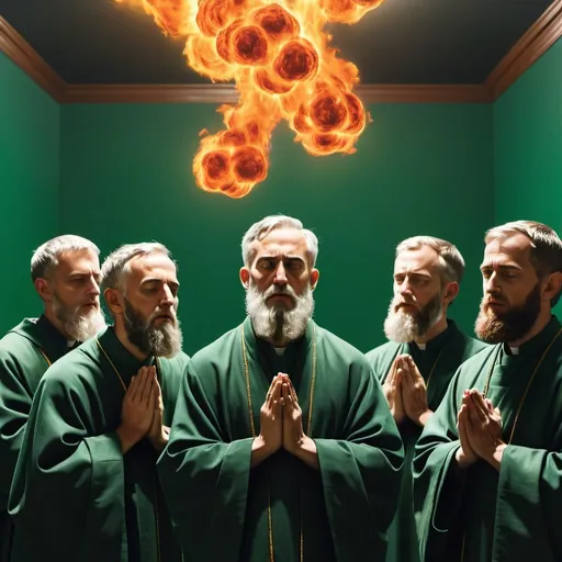 Prompt: realistic image of apostles with many flames above their head while praying; dark green room in the background