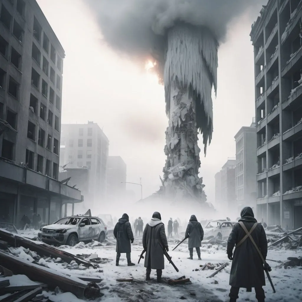 Prompt: wide view of ultra realistic image of destroyed city apocalypse; fog and snow; big light pillar in the middle people fighting holding apocalypse weapon wearing scarf; bright white tone