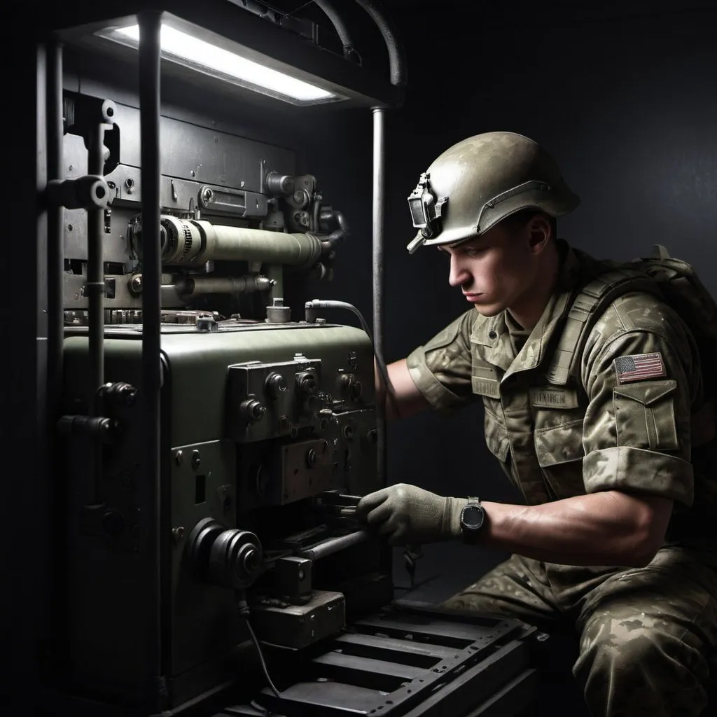 Prompt: hyper realistic image; soldier repairing machine; dark room